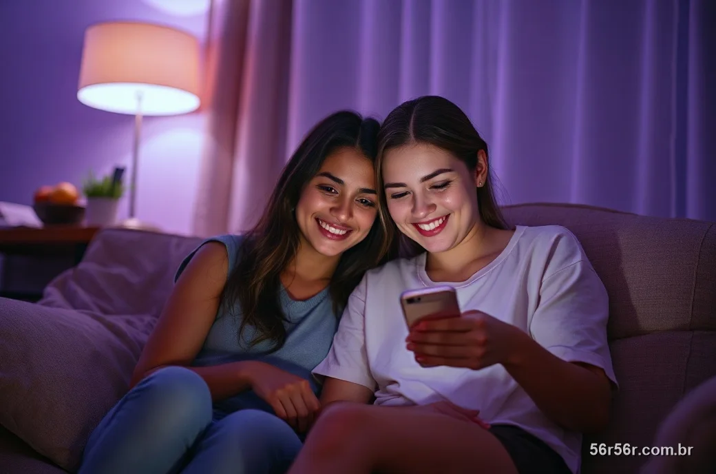 Duas amigas brasileiras no sofá olhando o celular juntas à noite com luz roxa