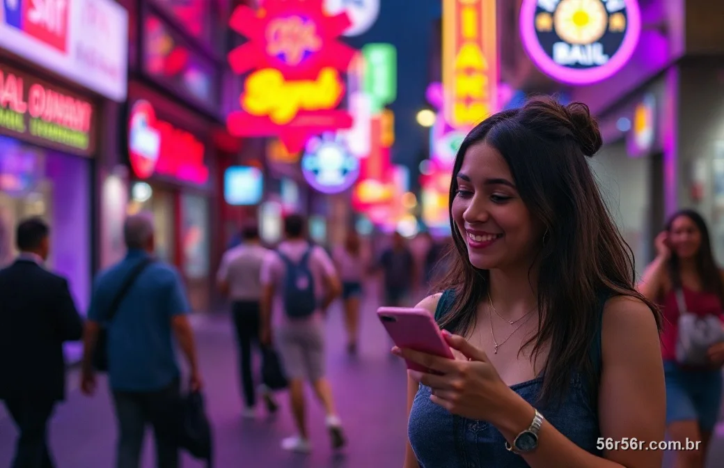 Jovem brasileira na rua à noite com letreiros de neon roxo olhando o celular