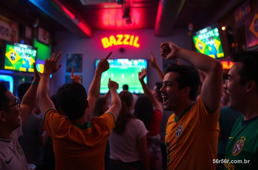 Torcedores brasileiros comemorando num bar com luzes de neon coloridas