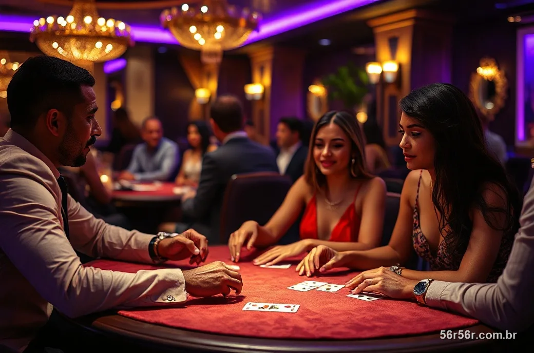 Pessoas elegantes jogando cartas numa mesa de lounge à noite com luz roxa