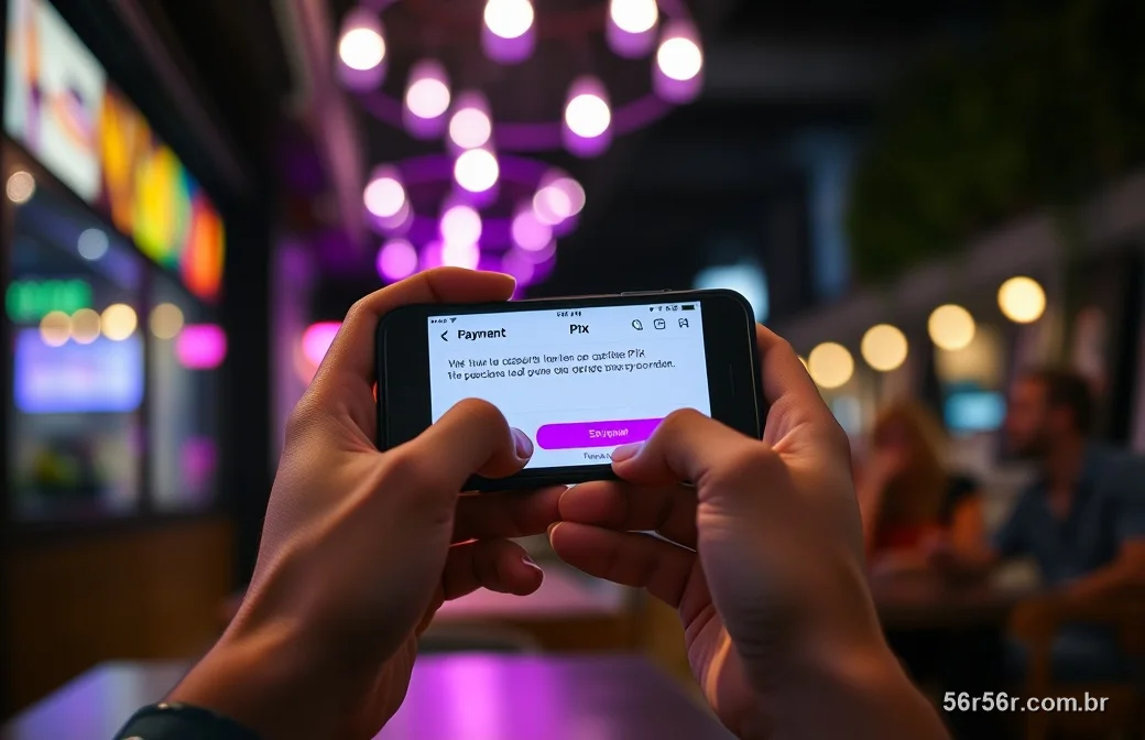 Mãos segurando o celular com a confirmação de um pagamento por PIX à noite