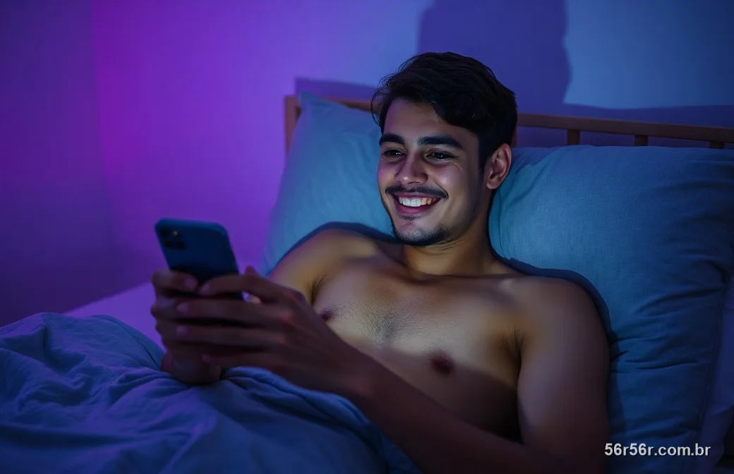 Jovem brasileiro jogando caça-níquel no celular à noite no quarto com luz roxa